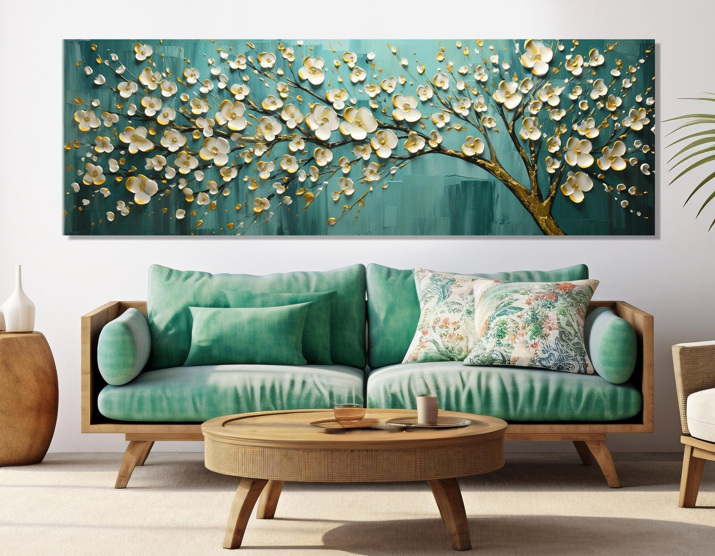 Abstract Tree Canvas Print - Teal Panoramic Painting | Ready to Hang Floral Wall Art