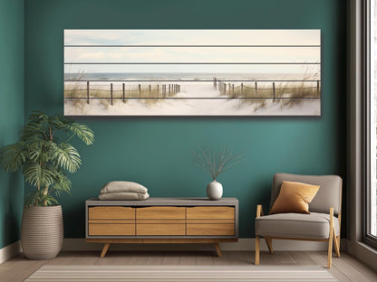 Beach Still Life Painting Print on Natural Wood – Coastal Wall Art