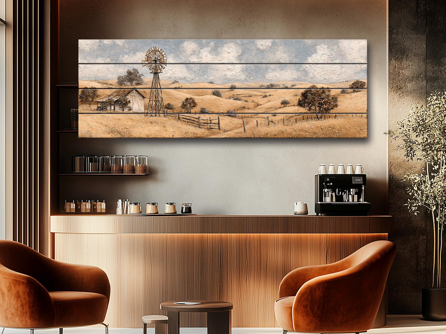 Rustic Farmhouse Wall Art - Wooden Windmill Panoramic Wood Print Decor
