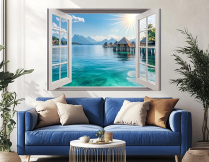 Maldives Canvas Print – Open Window View with Maldives Bungalows | Ready to Hang Framed Art