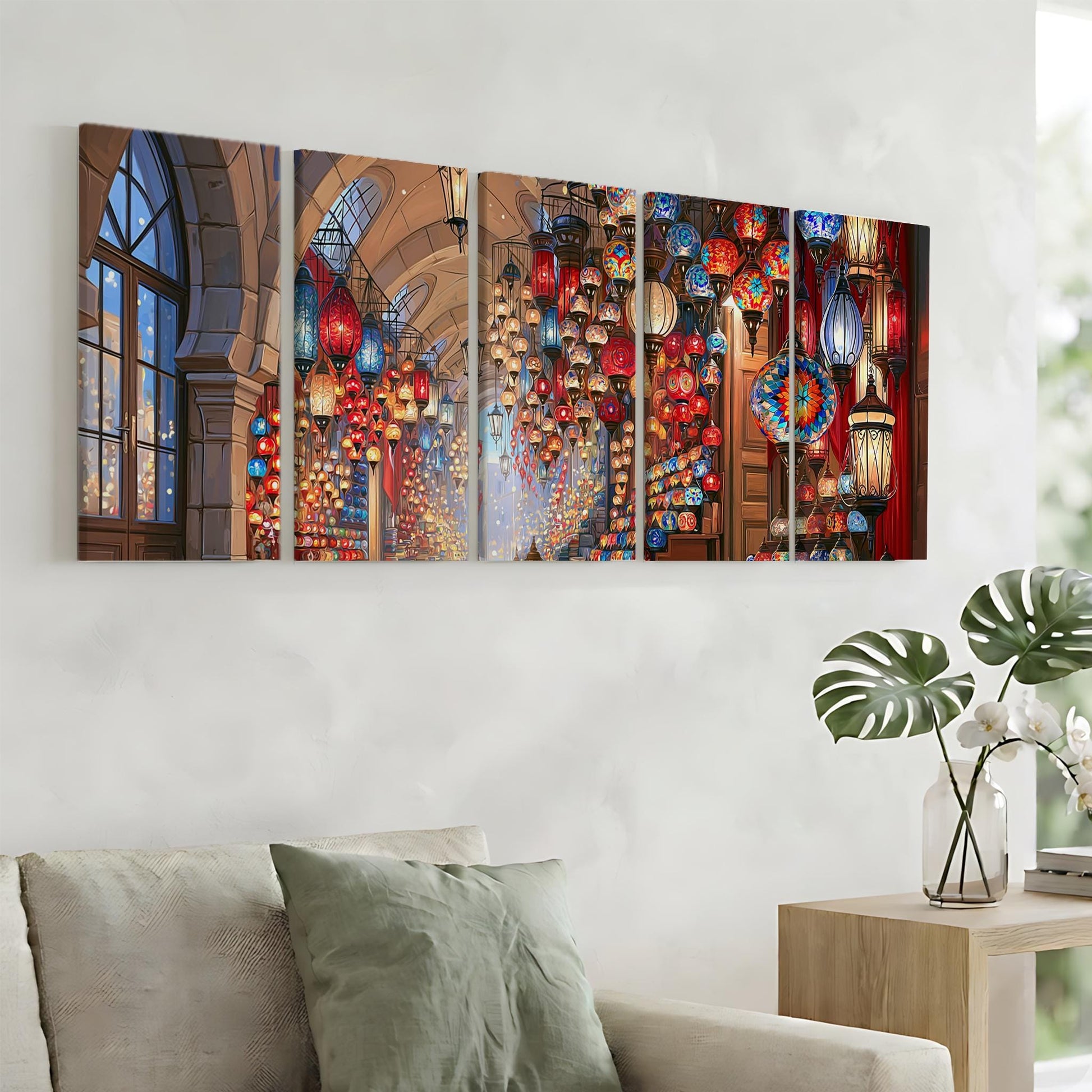 The image is a large, colorful painting depicting a vibrant and ornate interior with numerous hanging lanterns and lights, creating a warm and inviting atmosphere.