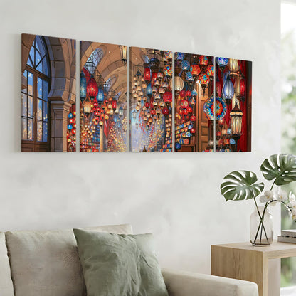 The image is a large, colorful painting depicting a vibrant and ornate interior with numerous hanging lanterns and lights, creating a warm and inviting atmosphere.
