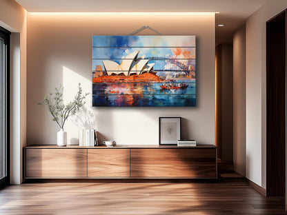 Sydney Opera House Wall Art – Rustic Wood Wall Decor with Unique Grain Print