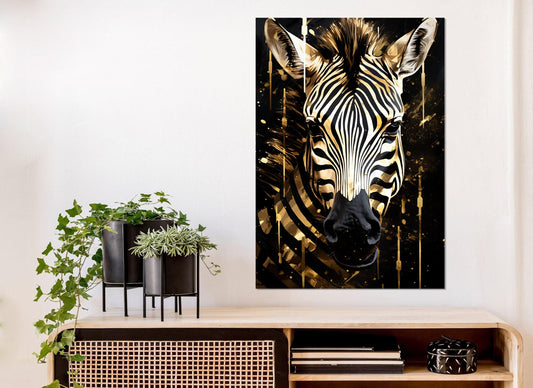 Zebra Canvas Print – Abstract Black Gold Art | Framed Vertical Portrait