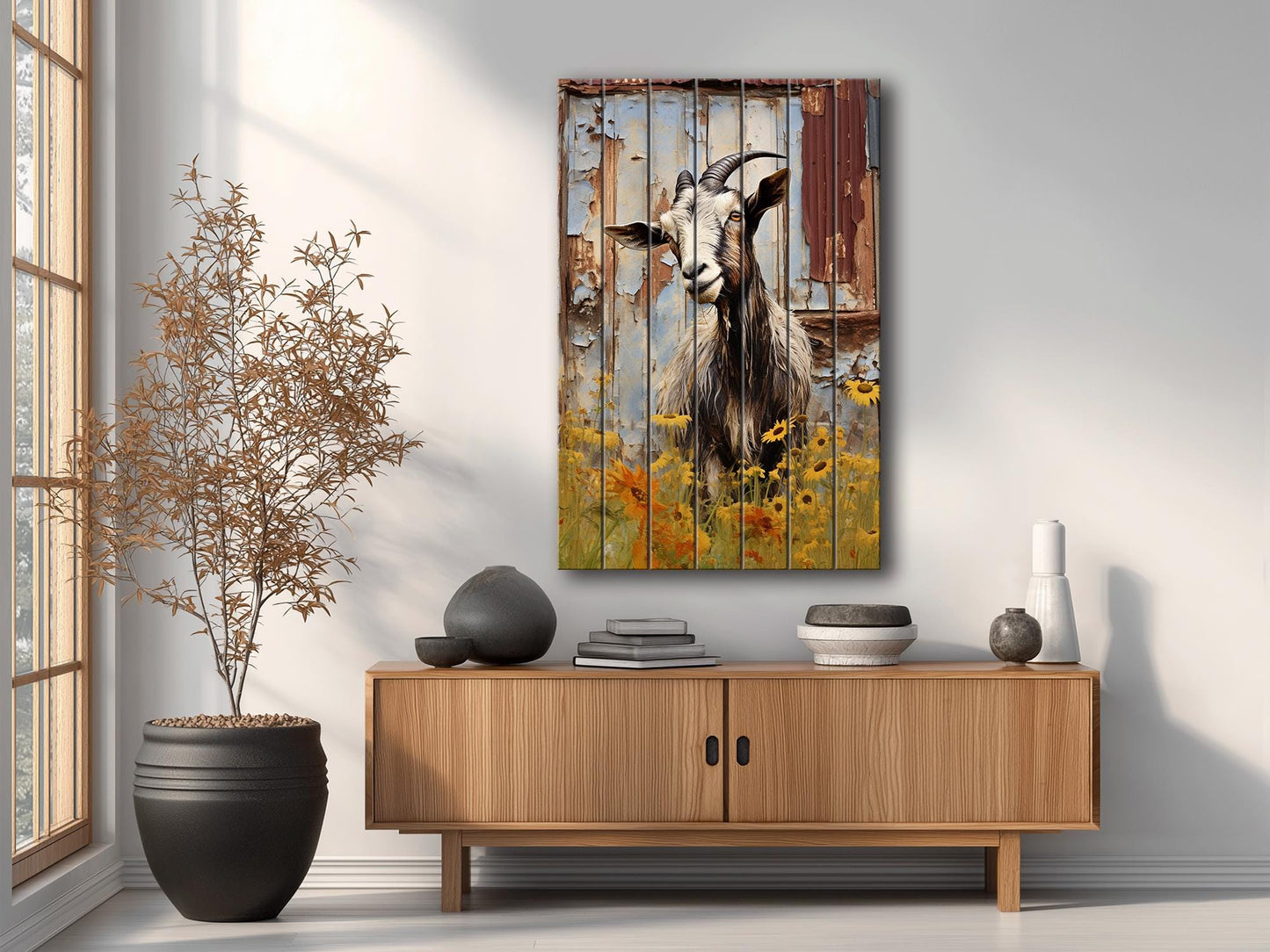 Rustic Goat Wall Art – Natural Wood Print | Farmhouse Wall Decor, Ready to Hang