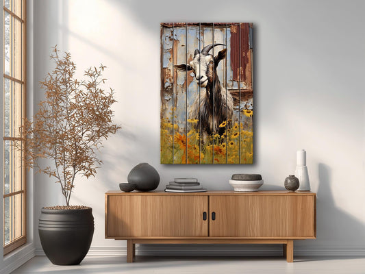Rustic Goat Wall Art – Natural Wood Print | Farmhouse Wall Decor, Ready to Hang
