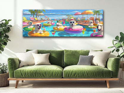 Golden Retriever Wall Art – Playful Pool Party Dog Print on Rustic Wood