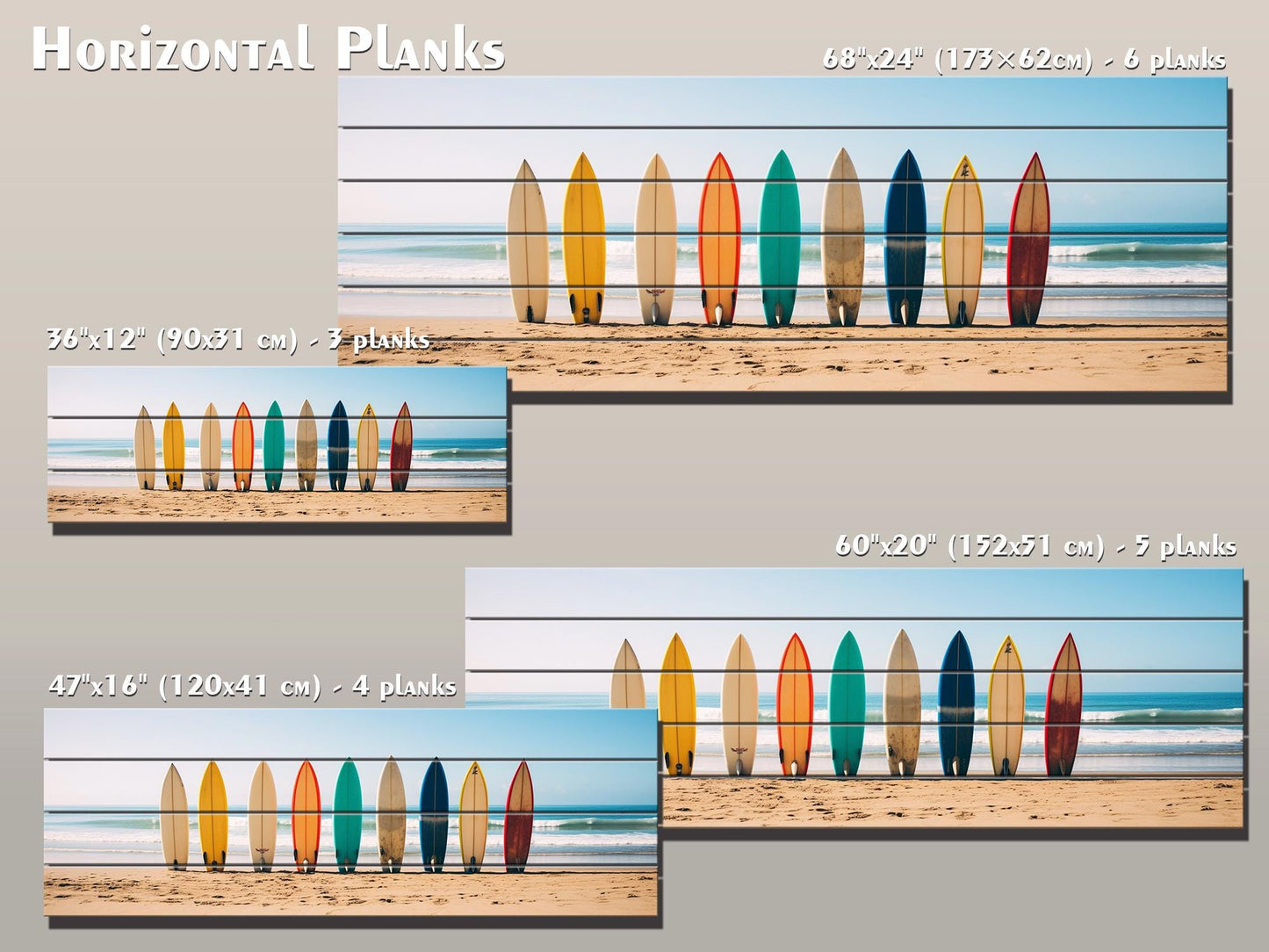 A Row Of Surfboards Print On Natural Wood