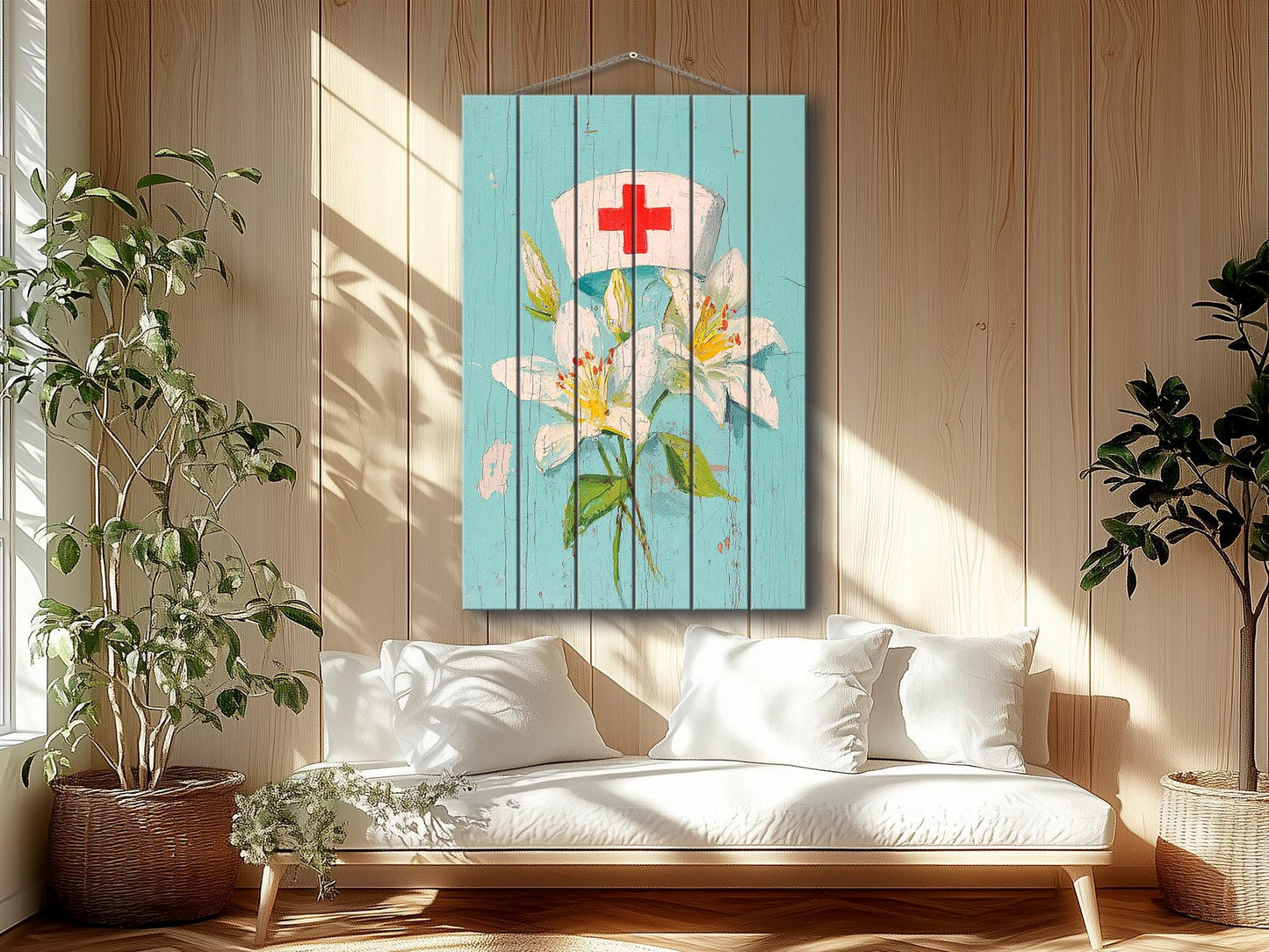 Rustic Wood Wall Art – Nurse Cap Wall Decor with Lilies – Farmhouse Medical Art Printed on Wood