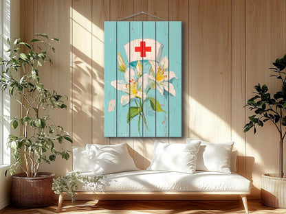 Rustic Wood Wall Art – Nurse Cap Wall Decor with Lilies – Farmhouse Medical Art Printed on Wood