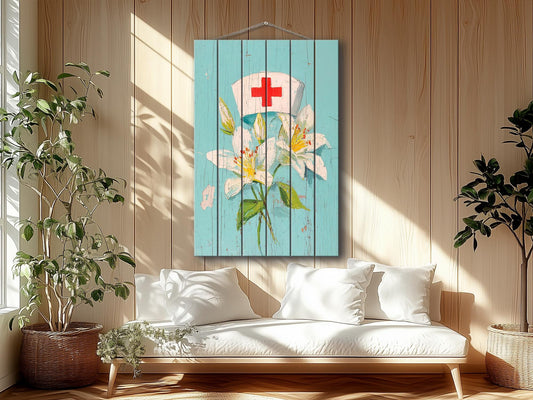 Rustic Wood Wall Art – Nurse Cap Wall Decor with Lilies – Farmhouse Medical Art Printed on Wood