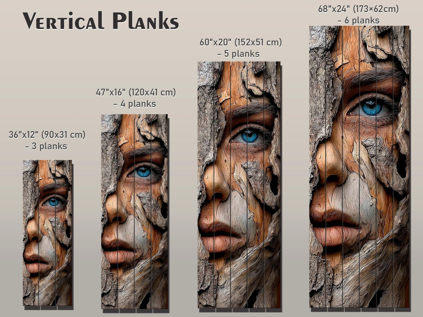 Beautiful Woman Face Print on Wood – Carved Bark Wall Art, Rustic Wall Decor