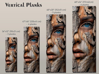 Beautiful Woman Face Print on Wood – Carved Bark Wall Art, Rustic Wall Decor