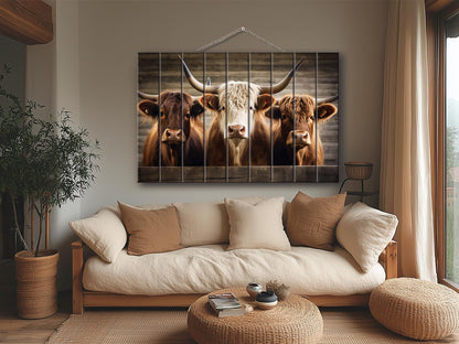 Rustic Wood Wall Art – Highland Cows Painting on Natural Wood Planks | Farmhouse Wall Decor