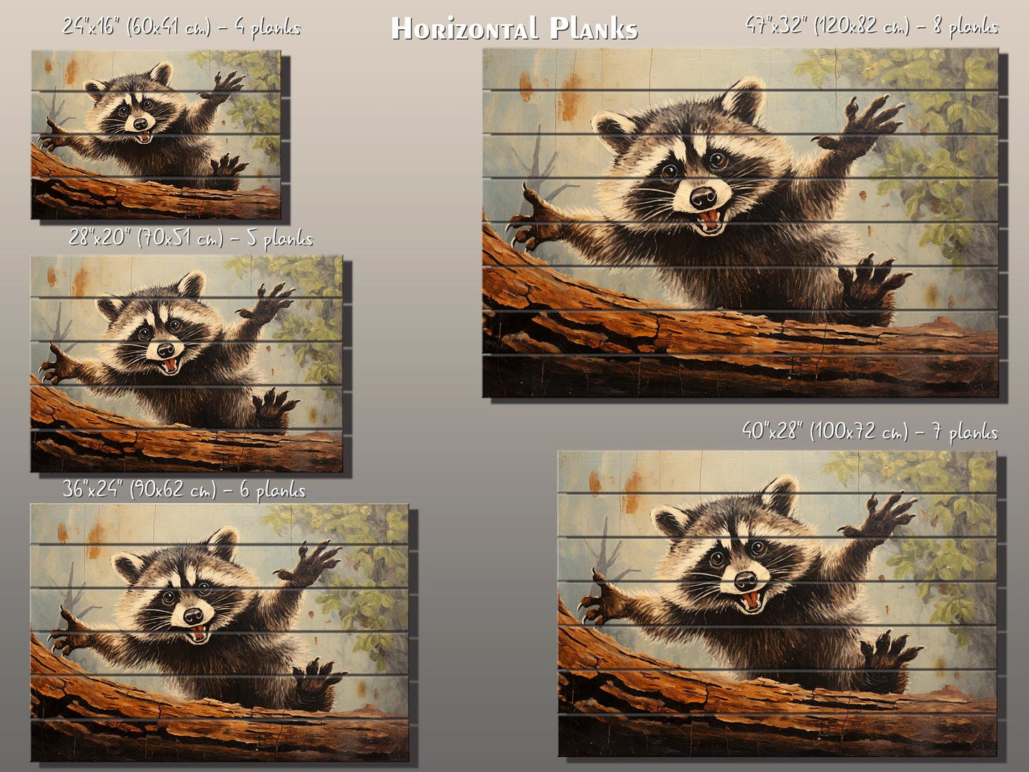 Rustic Woodland Wall Art – Happy Raccoon Wooden Wall Decor on Wood Planks