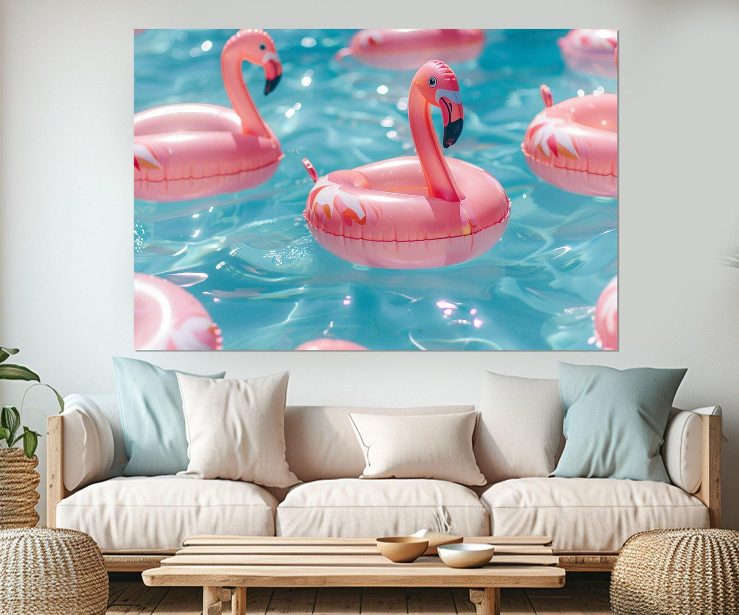 Pink Flamingo Canvas Print – Swimming Pool Wall Art | Framed Summer Decor