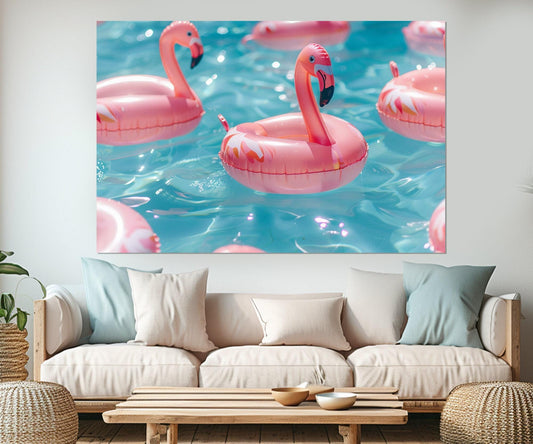 Pink Flamingo Canvas Print – Swimming Pool Wall Art | Framed Summer Decor