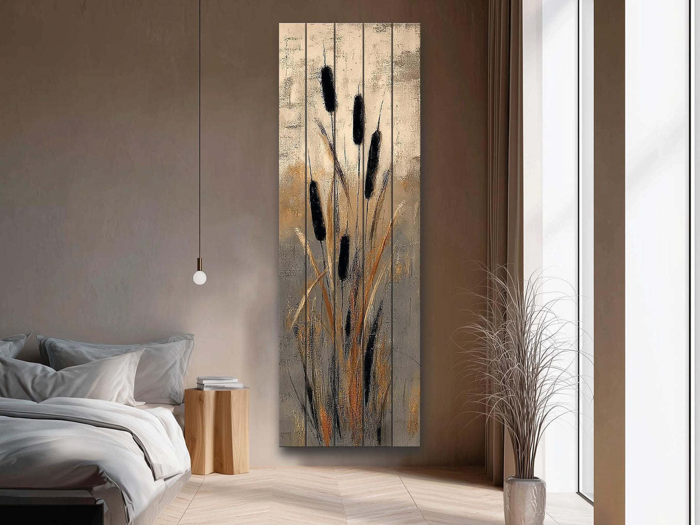 Cattails Abstract Art Print on Wood, Neutral Textured Nature Painting, Rustic Wall Decor