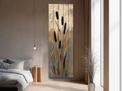 Cattails Abstract Art Print on Wood, Neutral Textured Nature Painting, Rustic Wall Decor