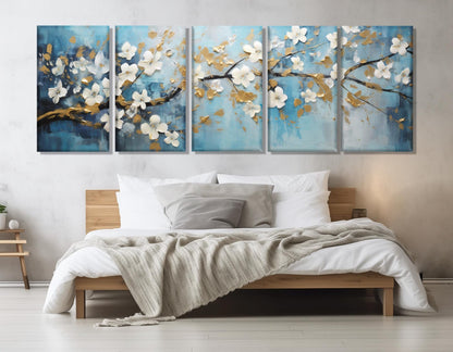 Floral Canvas Art – Soft Blue Wall Art With White Gold Flowers | Ready to Hang