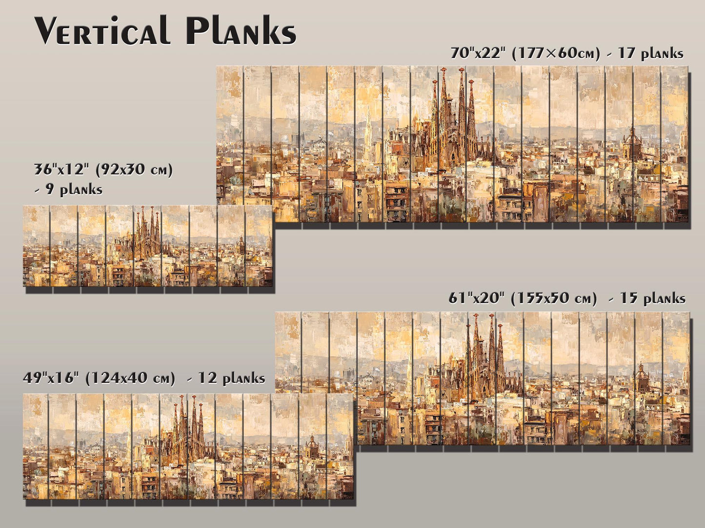 Barcelona Wall Art – Rustic Wood Print Featuring Sagrada Familia Beige & Gold Painting