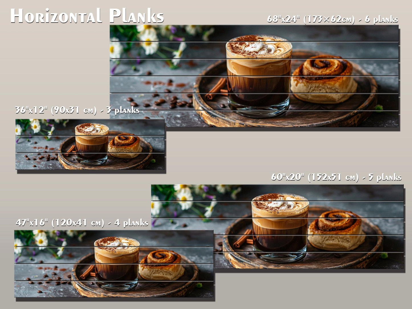 Rustic Kitchen Wall Art – Coffee Cinnamon Print on Natural Wood Plank Decor