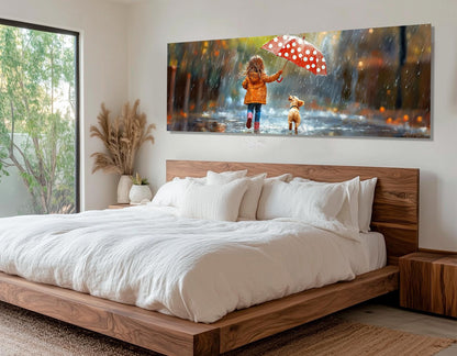 Puppy Canvas Print – Framed Cotton Wall Art | Little Girl Puppy Under Rain Painting