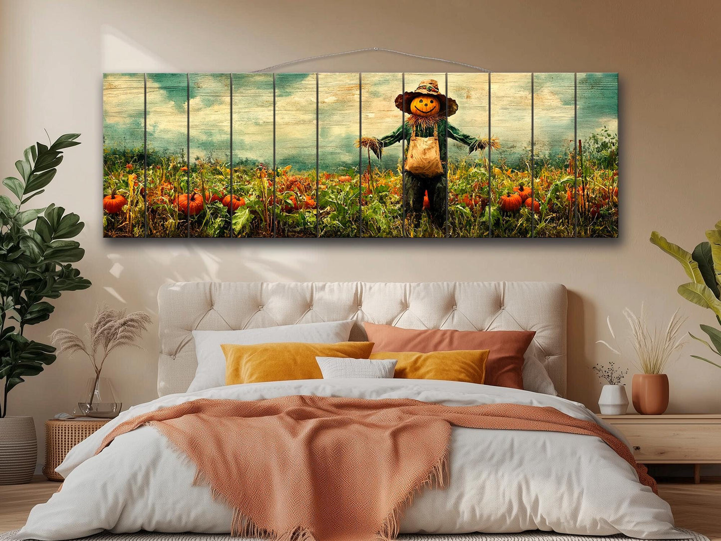 Rustic Farmhouse Wall Decor - Pumpkin Patch Print Wood Wall Art with Scarecrow