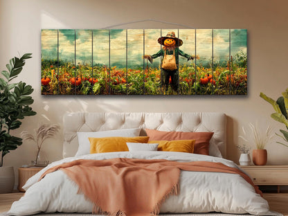 Rustic Farmhouse Wall Decor - Pumpkin Patch Print Wood Wall Art with Scarecrow