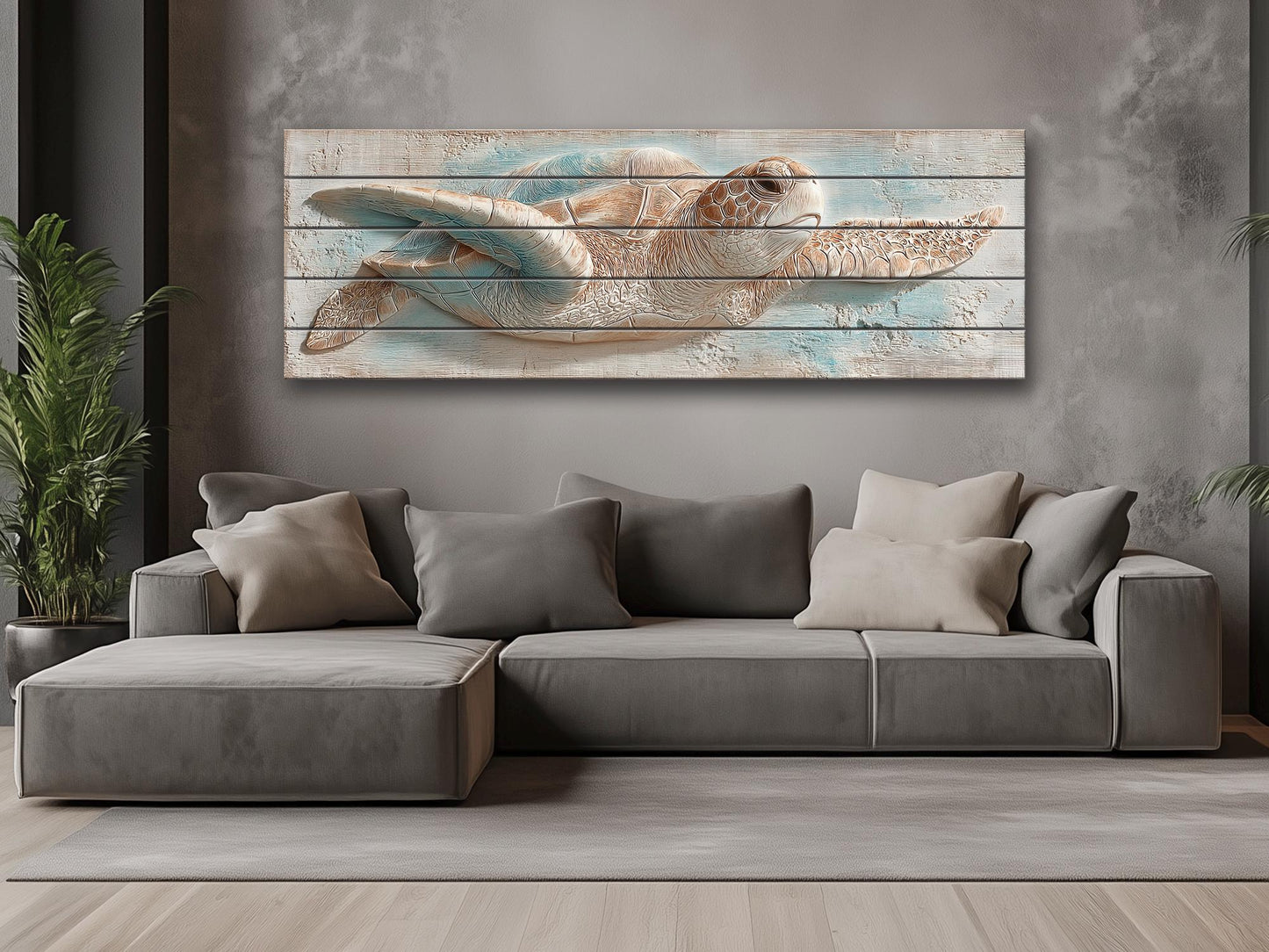 Sea Turtle Wood Art – Rustic Wood Decor | Coastal Ocean Wall Decor with Blue Beige Accents