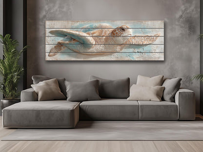 Sea Turtle Wood Art – Rustic Wood Decor | Coastal Ocean Wall Decor with Blue Beige Accents