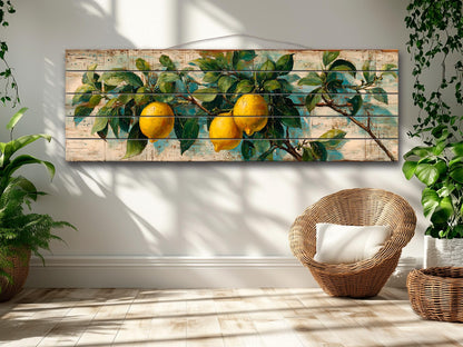 Wood Wall Art – Mediterranean Lemon Tree Painting Printed on Natural Wood, Rustic Lemon Tree Print, Cabin Wall Decor, Kitchen Wall Art