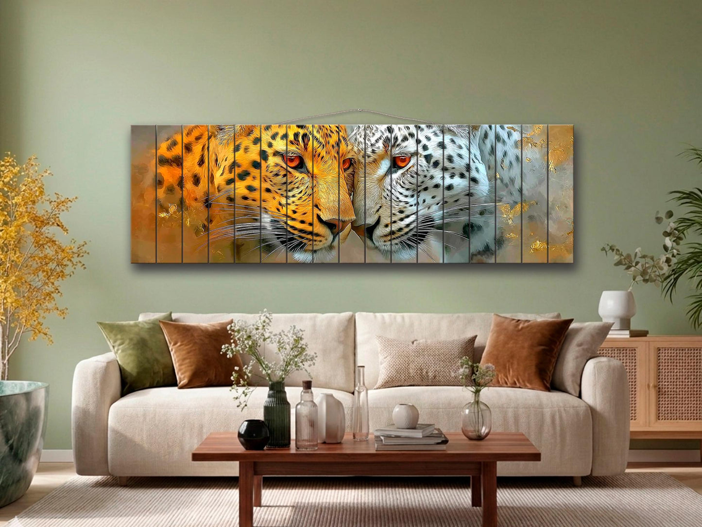Leopard Couple Print on Natural Wood, Majestic Wildlife Romantic Wall Art