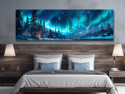 Northern Lights Wall Art – Aurora Borealis Wooden Print on Natural Wood Decor