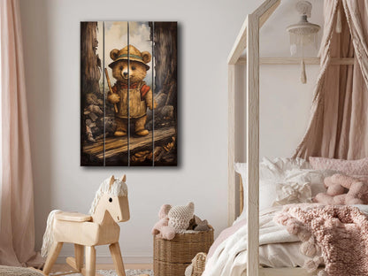Rustic Hiking Bear Print on Natural Wood – Nursery Animal Wall Art