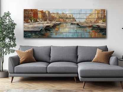 Monaco Harbor Wood Print – Rustic Wall Art | Beige Light Reflections on Distressed Wood
