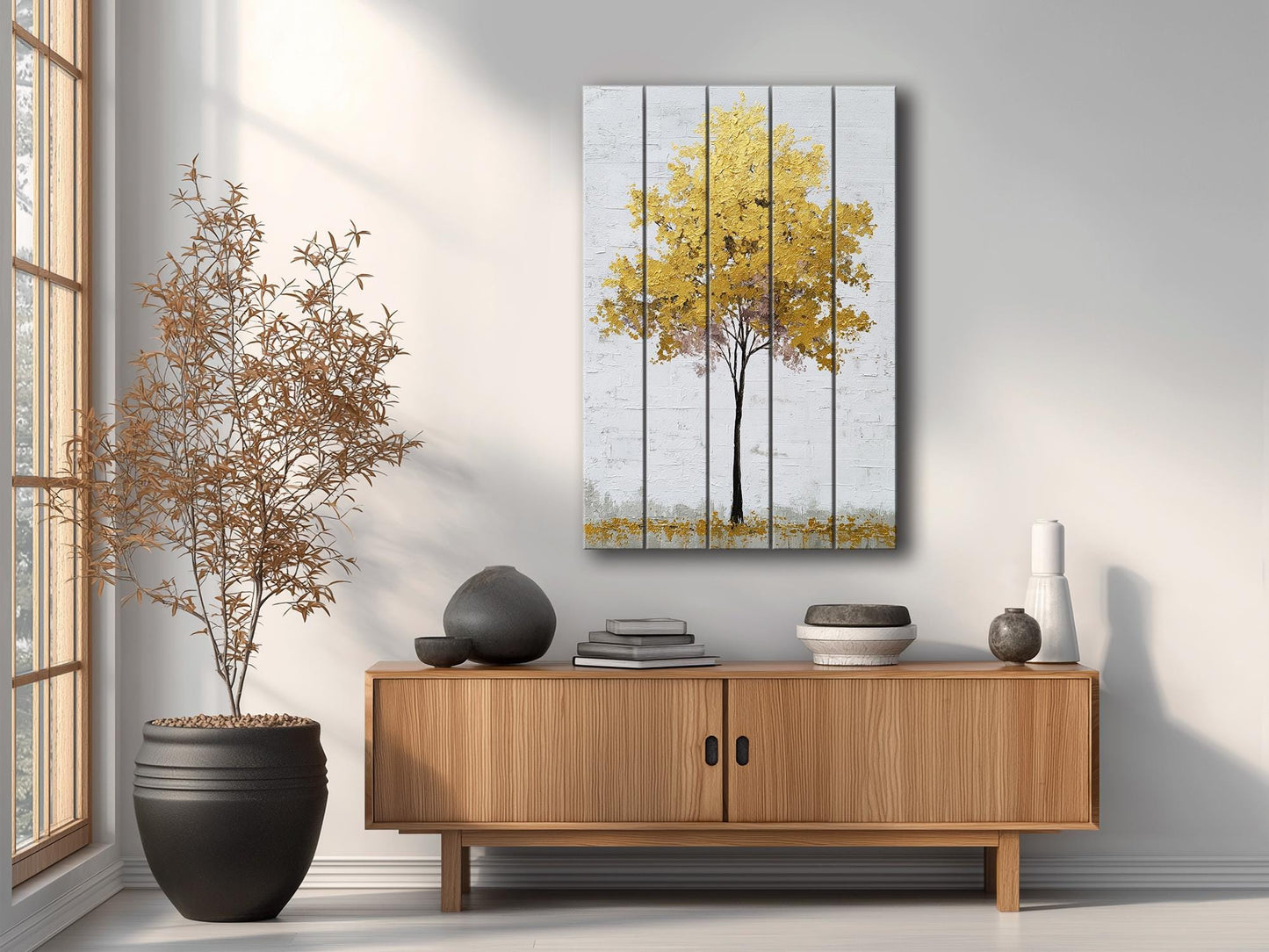 Golden Tree Wall Art – Elegant Rustic Wood Print With Gold Leaf Tree Design