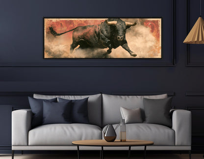 Rodeo Bull Canvas Print, Charging Bull Panorama, Large Western Wall Art, Framed and Ready to Hang