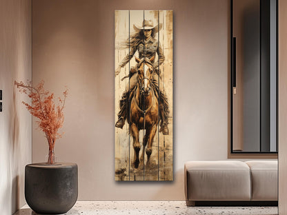 Rustic Cowgirl Art Print – Western Wall Decor | Natural Wood Wood Print Art