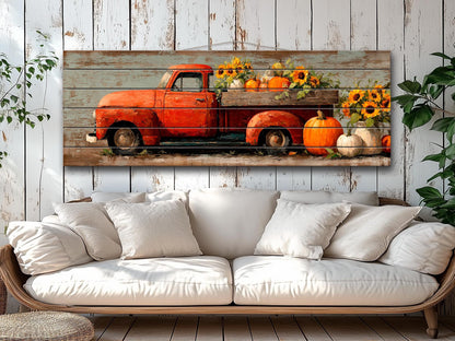 Rustic Wood Wall Art - Vintage Pickup Truck Print on Wood Plank with Pumpkins & Sunflowers