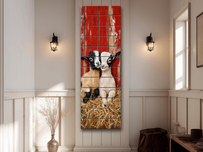 Rustic Wood Wall Art – Two Baby Goats Resting in Straw Next to Red Barn Wall, Farm Animal Print on Natural Linden Wood, Farmhouse Decor