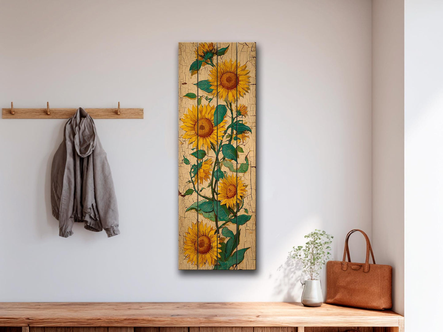Sunflowers Wood Art – Rustic Wall Decor | Vibrant Floral Print on Natural Wood Planks