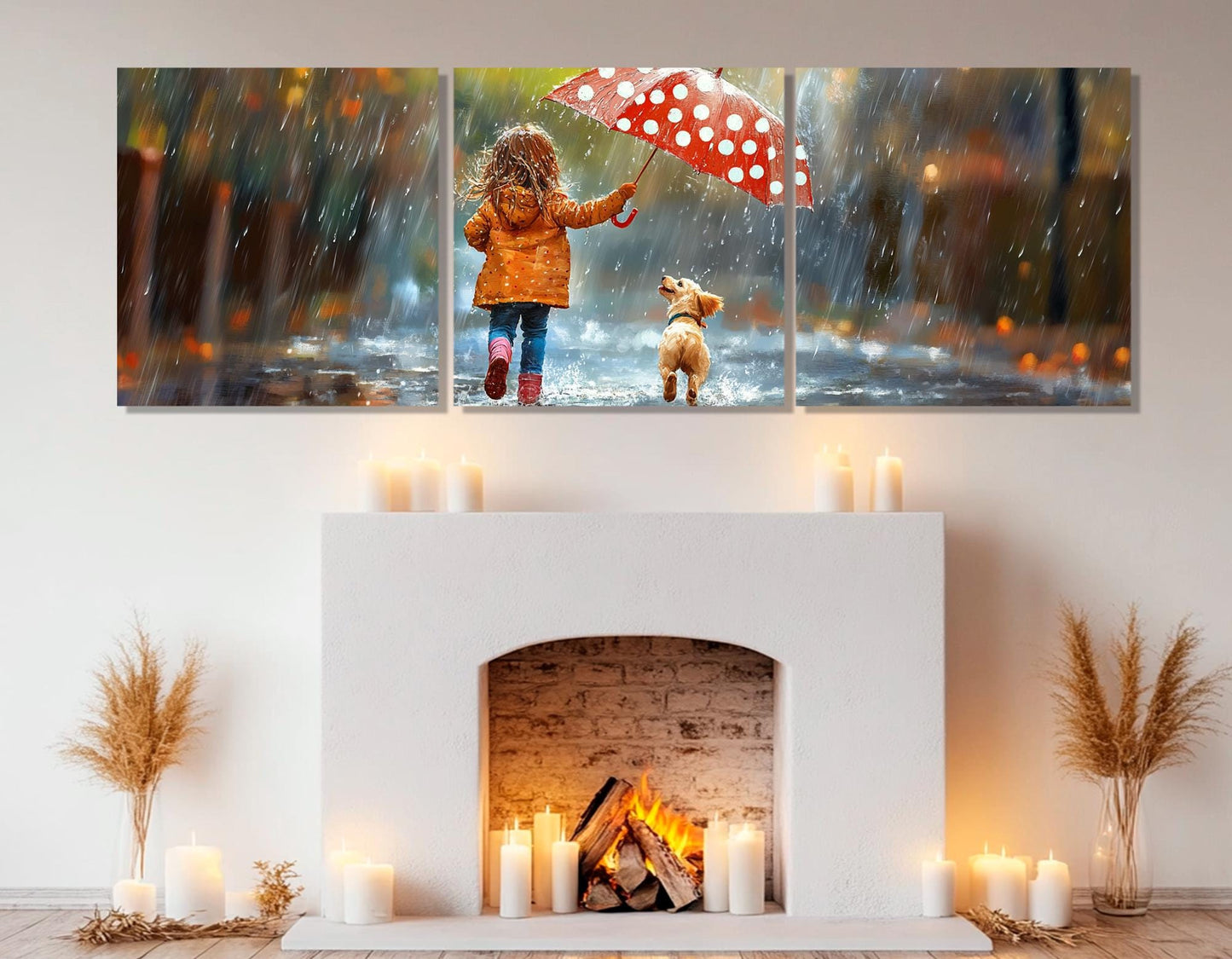 Puppy Canvas Print – Framed Cotton Wall Art | Little Girl Puppy Under Rain Painting