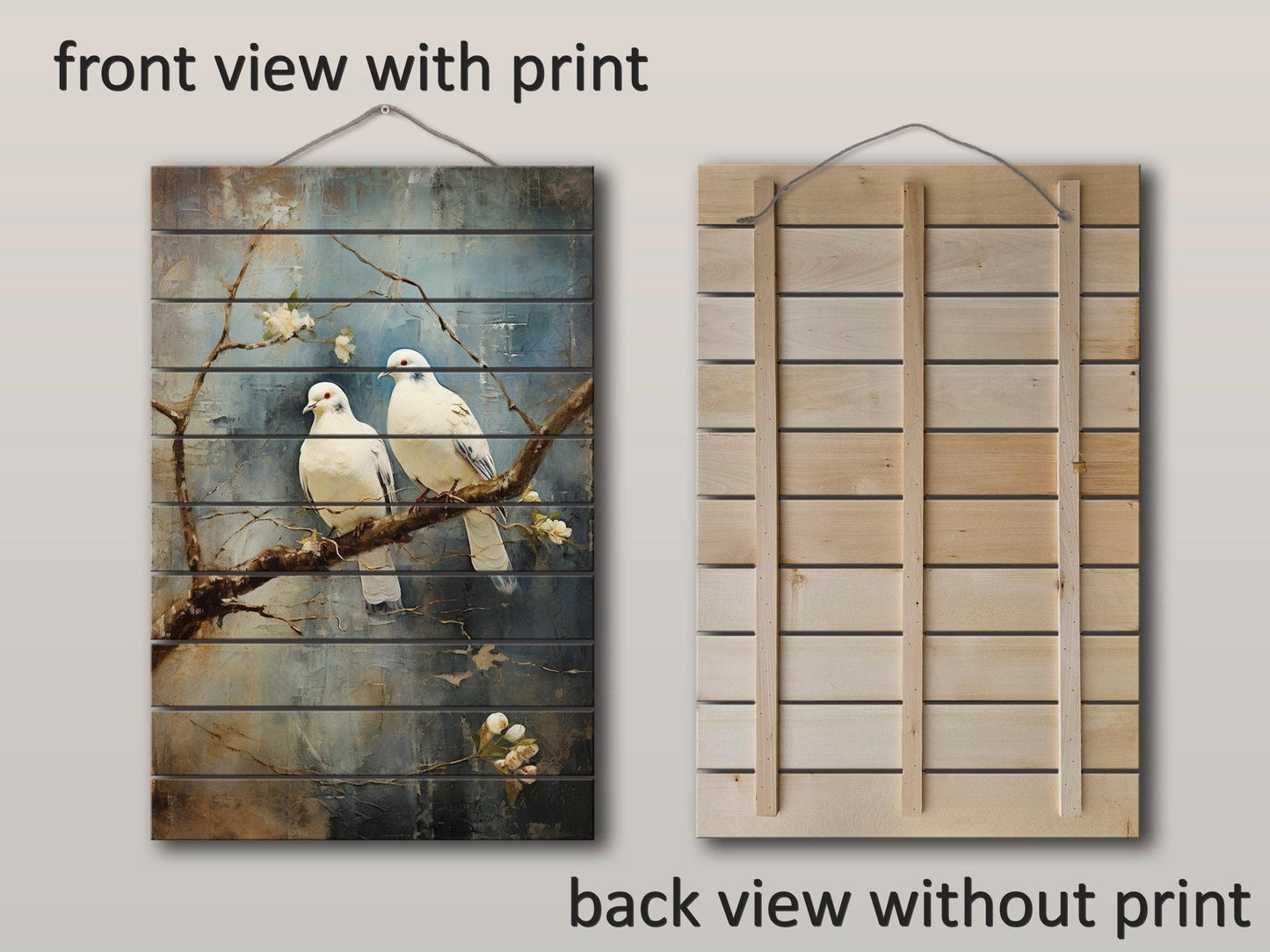 Romantic Wood Wall Art | Rustic Love Artwork Featuring Two White Pigeons on UV Printed Wood