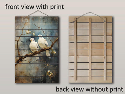 Romantic Wood Wall Art | Rustic Love Artwork Featuring Two White Pigeons on UV Printed Wood