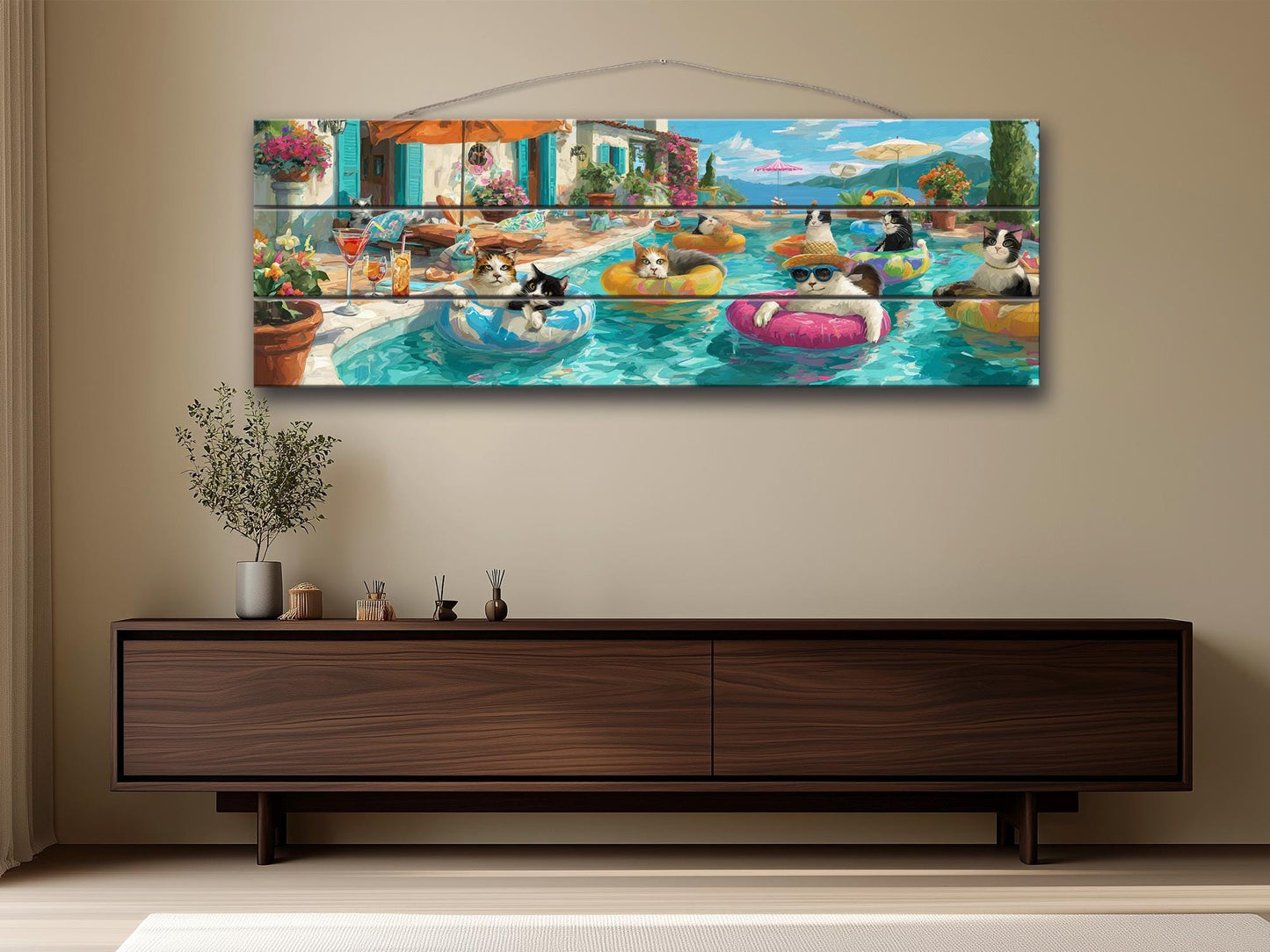 Funny Cat Wall Art – Playful Cat Pool Party Print on Rustic Wood Decor