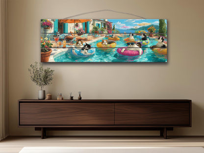 Funny Cat Wall Art – Playful Cat Pool Party Print on Rustic Wood Decor