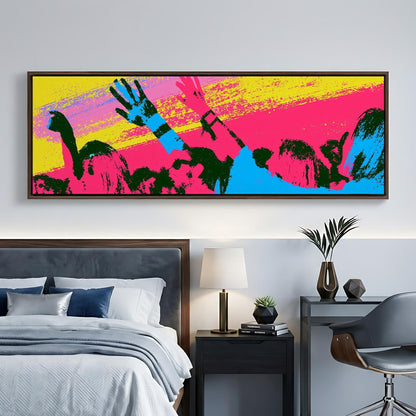 a large, colorful abstract painting hanging on a wall above a bed in a bedroom setting.