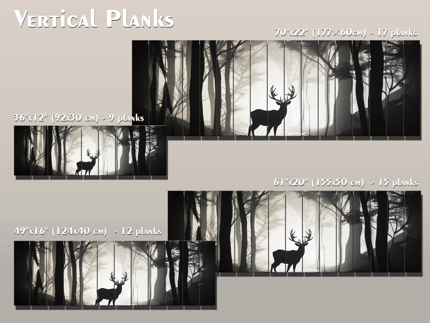 Deer Silhouette in Forest Print On Natural Wood, Woodland Wall Art