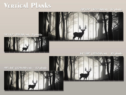 Deer Silhouette in Forest Print On Natural Wood, Woodland Wall Art